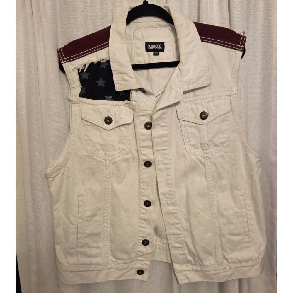 Women's White Denim Vest XL Patriotic American Flag Motorcycle Sleeveless Jacket
